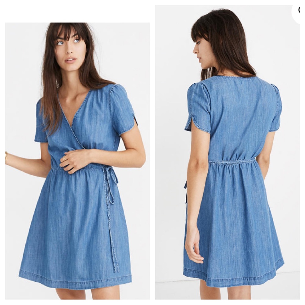 Madewell Womens Wrap Dress Blue Denim V Neck Short